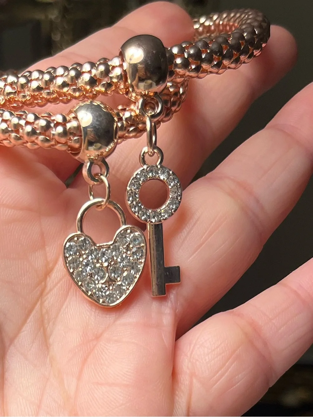 Set of 2 Rose Gold Woven Mesh Heart & Key Charm Bracelets